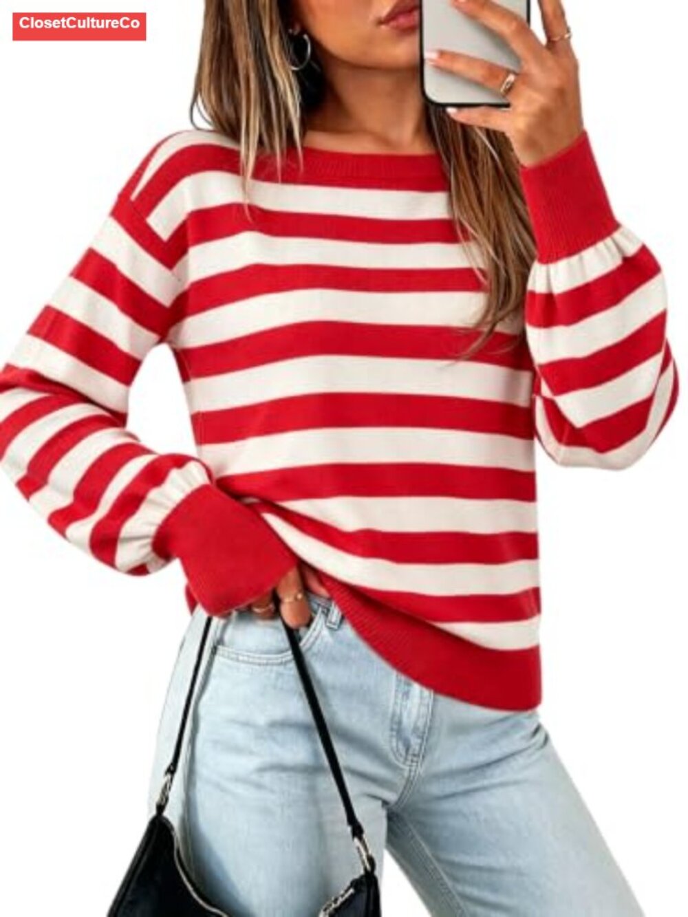 Viscose Blend Boat Neck Lantern Sleeve Pullover Sweater